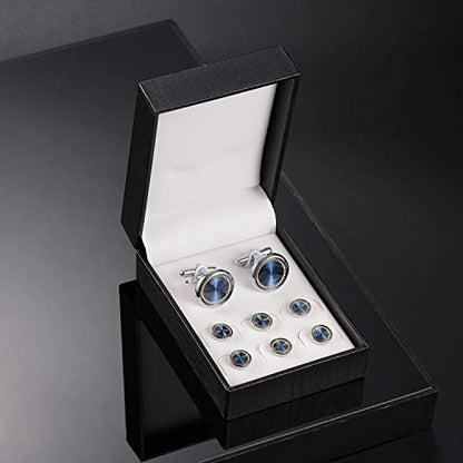 wynameleri Mens Cufflinks and Studs Set Blanks Round 4 Colors Shirt Tuxedo Buttons Packed in Cufflink Box for Business Wedding Jewelry - color: Blue