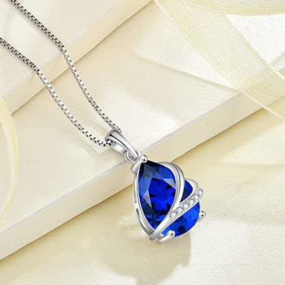 Birthstone Pendant Necklace 925 Sterling Silver Teardrop Jewelry for Women - color: Royal Blue