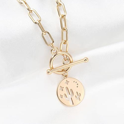 DoreenBeads 18K Gold Sun Moon Star Compass Pendant Necklace | Chunky Toggle Paperclip Chain Necklace with Heart Daisy Bee Charms for Women Girls 20 Inches - color: Dawn in Arizona Desert
