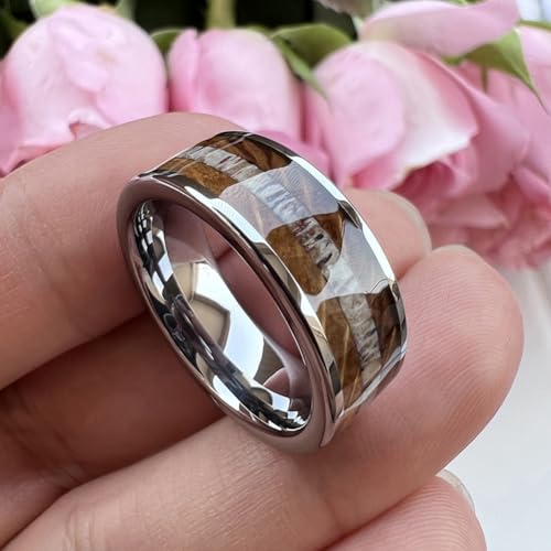 TUTISS 8mm Silver Black Tungsten Rings for Men Women Wedding Bands Whisky Barrel Wood Deer Antler Inlay Flat Polished Shiny Comfort Fit - color: 8mm Tungsten
