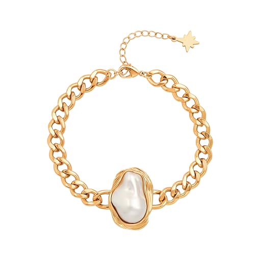 SOFYBJA 18k Gold Plated Personalized Chunky Cuban Oval Link Chain Bracelets for Men Toggle Rope Bracelet Jewelry for Women - style: Pearl Cuban Chain Link Bracelet
