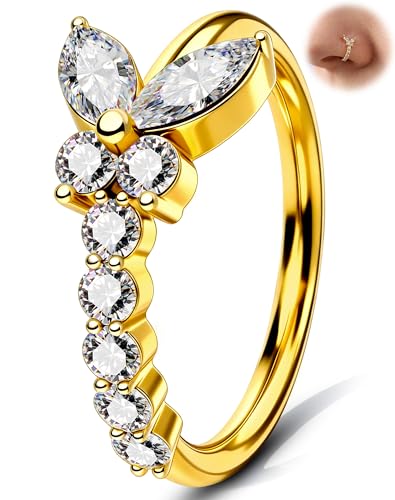 Melighting 20G Butterfly Nose Ring Hoop 8 mm Open Seamless Nose Piercing Jewelry Surgical Steel 316L, Twist Nostril Ring with Marquise and Round CZ, Silver Flower Body Piercing for Women - style: Butterfly Gold