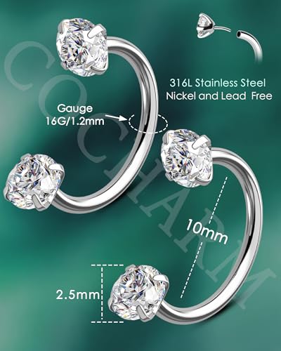 2PCS 16G Horseshoe Septum Rings Surgical Steel Helix Tragus Hoop Earring, Threadless Helix Cartilage Conch Piercing Jewelry For Women Men, 8mm 10mm 12mm Push Pin Lip Labret Rings - size: 10mm-2pcs