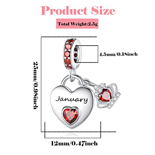 Birthstone Charms for Charms Bracelet: 925 Sterling Silver Heart Dangle Charms for Bracelets and Necklaces, Birthday Mother's Day Christmas Gifts For Women. - color: January