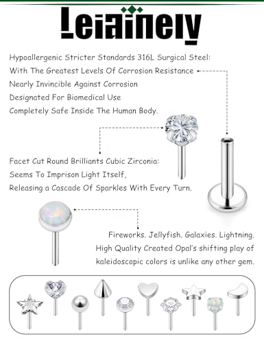 20/18/16G Threadless Nose Rings Flat Back Stud Earrings Piercing Jewelry for Women Men 6/7/8mm Push In Bar Cartilage Tragus Lip Medusa Monroe Labret Stud Hypoallergenic Surgical Steel - size: 16g*6/7/8/10mm