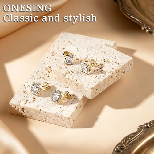 ONESING 6 Pairs Stud Earrings for Women 14K Gold/Silver Plated Hypoallergenic Cubic Zirconia Earrings Studs Stianless Round Square Heart CZ Stud Earrings Set for Women Men - color: Gold