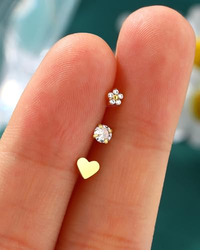 3PCS Titanium Flower Nose Rings Studs 20G, 6.5mm L-Shaped Nose Piercing Jewelry Set - Hypoallergenic Surgical Steel Heart L Bend Nostril Stud for Women Men - color: 3PCS-Gold