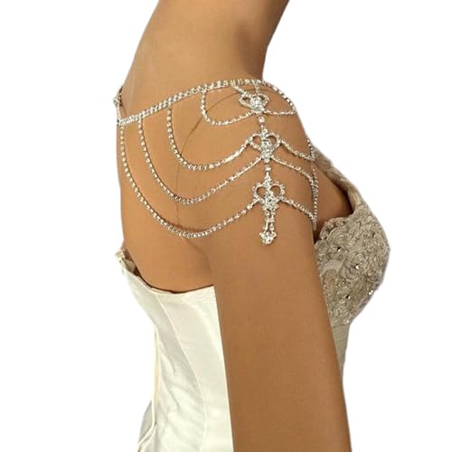 Bridal Multi-Layer Rhinestone Heart Shoulder Chain -Wedding Back Chain for Bride,Crystal Shoulder Body Chain for Women Prom Evening Dress Accessories - color: Silver