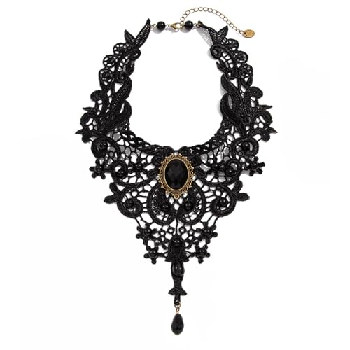 PINK TOWN Gothic Lace Choker Necklace for Women,Vintage Red Black Crystal Pendant Necklaces Punk Style Vampire Necklace Hollowed Out Layer Necklaces Halloween Jewelry Accessories - color: Black7