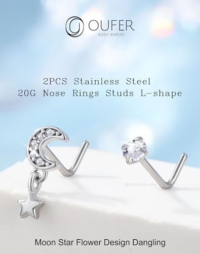 OUFER 2PCS Stainless Steel Nose Rings, Moon Star Butterfly Design 20G Nostril Dangle Piercing Jewelry - 7MM - style: Moon