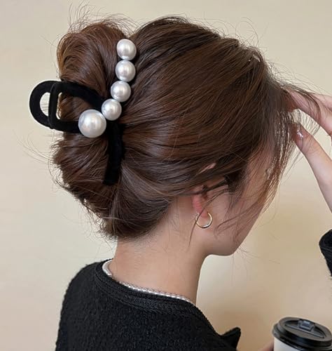 Jumwrit Large Pearl Hair Claw Clip Strong Hold Hair Jaw Clip Soft Black Velvet Hair Clamp Barrette Fashion Hair Styling Accessories for Women and Girls