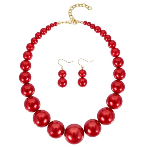 Large Style Big Imitate Pearl Strand Choker Necklace With Earrings Set - color: Red