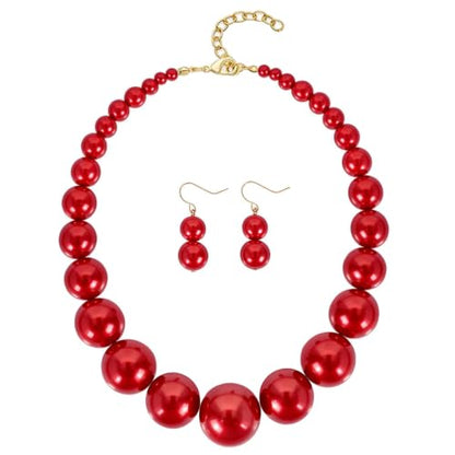 Large Style Big Imitate Pearl Strand Choker Necklace With Earrings Set - color: Red