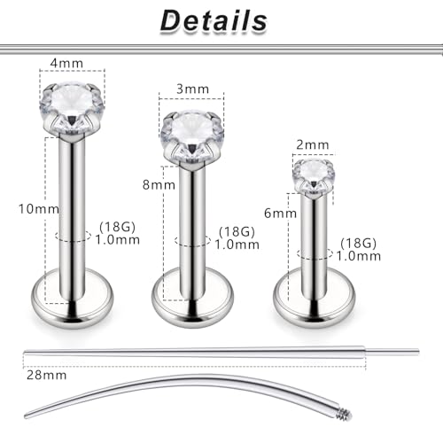 20G 18G 16G Titanium Flat Back Nose Rings Studs Hypoallergenic Lip Labret Monroe Medusa Internally threaded Tragus Cartilage Helix Earrings Studs Piercing Jewelry for Women Men 6mm 8mm 10mm - color: 18G -Flat Back With Screw on Tops-Clear CZ