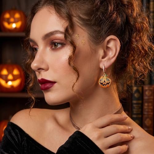 Sonateomber Christmas Tree Dangle Small Gold Hoop Earrings for Women, Cute Sparkly CZ Rhinestone Maple Clover Leaf Drop Earings Thanksgiving Holiday Accessories Fashion Jewelry Gift - color: Halloween Pumpkin