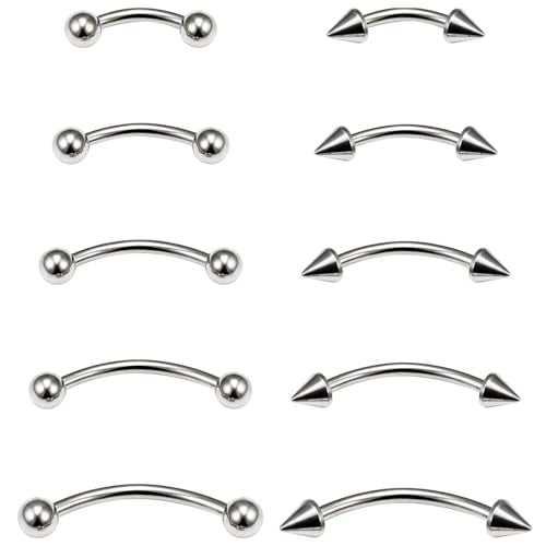 20G Eyebrow Piercing Jewelry Surgical Steel Vertical Labret Lip Jewelry Curved Barbell Tiny Eyebrow Rings Ear Rook Navel Small Belly Button Ring for Women Men 6mm/8mm/10mm/12mm/14mm - color: silvertone,ball+spike