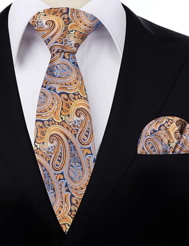 Alizeal Mens Gradient Paisley Necktie and Pocket Square Set | Elegant Design Perfect for Weddings Banquets Business Formal Events - color: 143-yellow Orange+blue