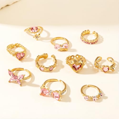 10pcs Sparkly Crystal Love Heart Ring Set for Women Adjustable Bowknot Butterfly Finger Ring Stackable Pink Rhinestone Heart Open Ring Jewelry Gifts - color: Gold