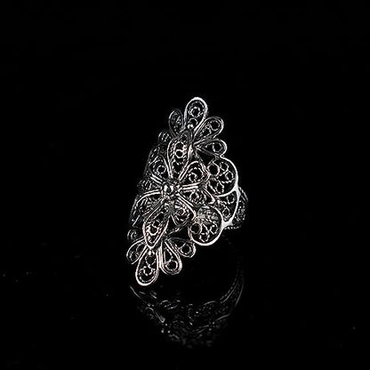 Filigranist 925 Sterling Silver Artisan Made Handcrafted Lace Embroidery Filigree Art Women Cocktail Statement Ring - style: Long