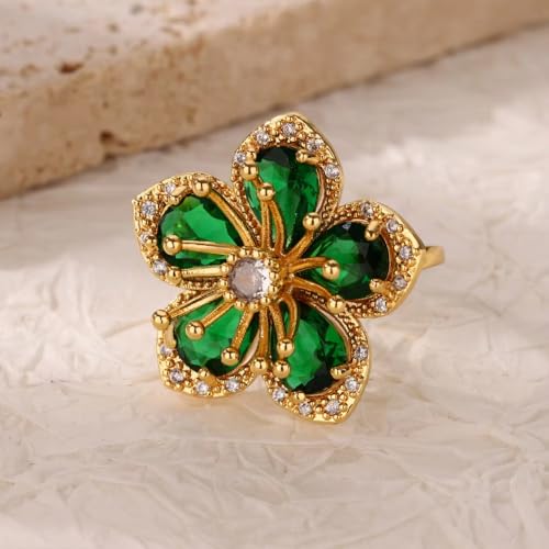 Gold Flower Ring for Women Trendy Silver Flower Statement Ring Adjustable Minimalist Rings Jewelry - color: Gold, style: Crystal Flower G