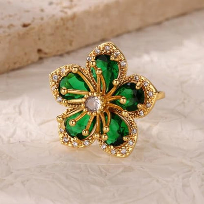 Gold Flower Ring for Women Trendy Silver Flower Statement Ring Adjustable Minimalist Rings Jewelry - color: Gold, style: Crystal Flower G