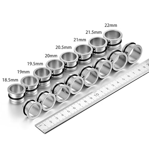 Casvort 22 PCS/16 PCS Hypoallergenic 18G-1'' Comfy Dead Stretching Plugs in 0.5mm Increments Saddle Plugs with Rubber Rings 316 Surgical Stainless Steel Crazy Ear Gauges Body Piercing Jewelry - color: Silver Tunnel 18.5-22mm 16PCS