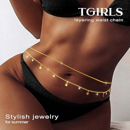 Tgirls Gold Waist Chain for Women Rhinestone Layered Belly Chains Beads Body Chain Heart-Shaped Beach Body Jewelry for Summer - style: Star 1