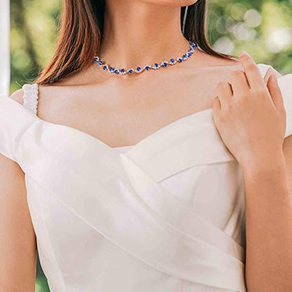 Bride Silver Necklace Earrings Set Crystal Bridal Wedding Jewelry Set Rhinestone Choker Necklace for Women and Brides - color: Blue