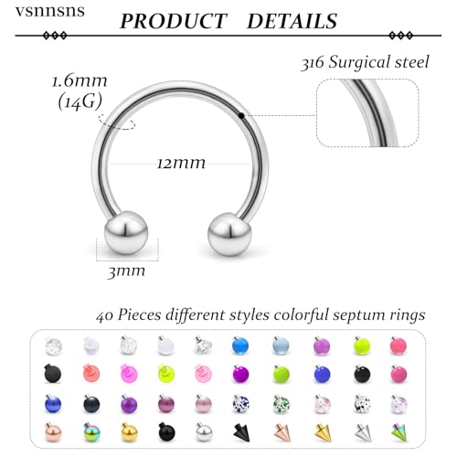 Vsnnsns 14G 16G 18G Septum Rings Piercing Jewelry 316L Stainless Surgical Steel Horseshoe Septum Nose Rings Snake Bite Lip Ring Daith Rook Earrings Smiley Piercing Jewelry for Women Men 8MM 10MM 12MM - color: 14G-12MM Mix Color