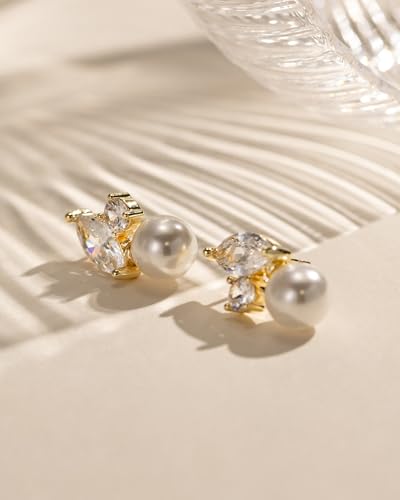Pearl Earrings - 14k Gold or White Gold Plated Sparkle Cubic Zirconia Dainty Pearl Stud Earrings for Women Wedding Party Bridal - color: gold CZ pearl