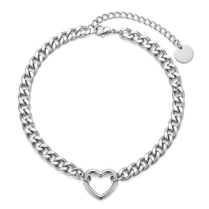 Stainless Steel O Ring Choker Necklace for Women Men Chunky Cuban Chain Collar Punk Statement Jewelry Gift for Edgy Streetwear & Aesthetic Outfits - color: Silver 1 heart