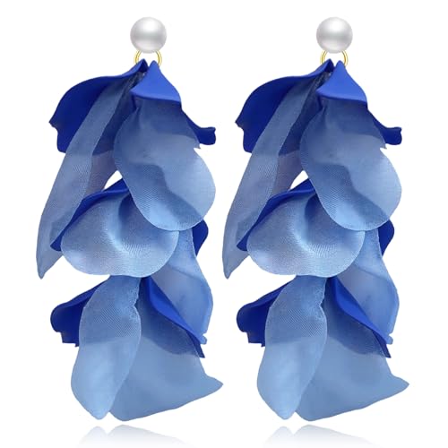 Handmade Bohemian Lightweight Fabric Flower Dangle Drop Earrings Chic Pearl Large Tassel Petal Stud Earrings For Women - color: Blue