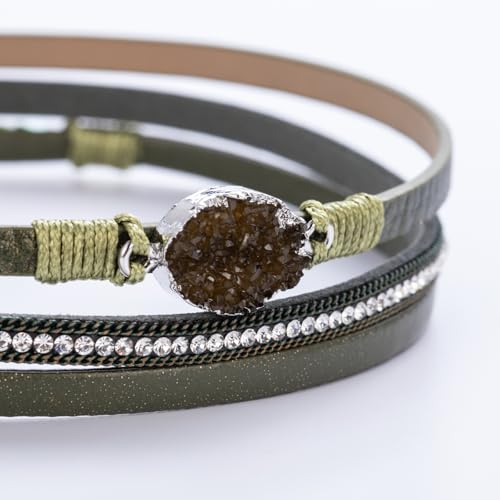 Boho Chunky Leather Wrap Bracelets Stackable Beaded Western Country Jewelry | Crystal Bead Trendy Layered Cuff Magnetic Clasp Stack Bohemian Statement Costume Outfits Cowgirl Fashion Hippie Accessories - color: Green, size: 14.7"
