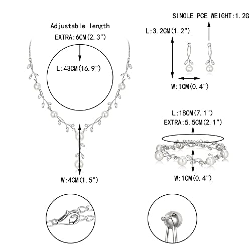 EVER FAITH Cubic Zirconia Pearl Leaf Vine Wedding Jewelry Set for Bride | Crystal Filigree Bridal Necklace Earrings, for Women Bridesmaid - color: 3pcs_Clear Silver-Plated-Brass