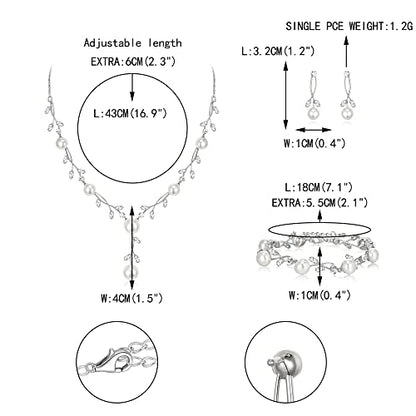 EVER FAITH Cubic Zirconia Pearl Leaf Vine Wedding Jewelry Set for Bride | Crystal Filigree Bridal Necklace Earrings, for Women Bridesmaid - color: 3pcs_Clear Silver-Plated-Brass