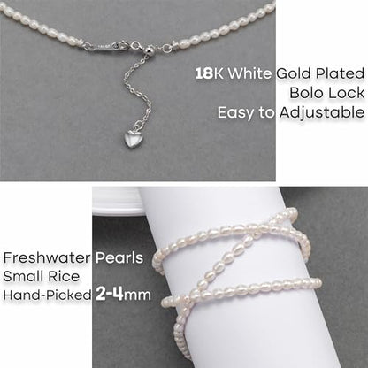 Pearls Necklace, Freshwater Tiny Small Pearls Necklace for Women's Pearl Strand Necklace Chain 18K Gold Plated Hypoallergenic White Necklace as Prom Bridesmaid Birthday Gifts - color: Rice Pearls, 18KWGP Lock