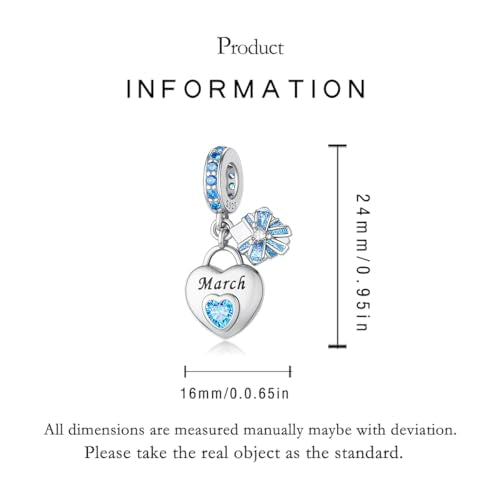 925 Sterling Silver Birthstone Charms Fit for Bracelet and Necklace Happy Birthday Charm Mother's Day Jewelry Gift for Women - color: 3March