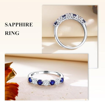 Birthstone Wedding Band Eternity Rings 925 Sterling Silver Rings Stackable Anniversary Engagement Rings Cubic Zirconia Inlaid Created Garnet/Amethyst/Sapphire Ring 7 Stone Ring, Size 6 to 10 - color: Blue Sapphire & 5A CZ