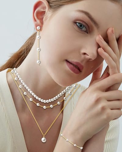 Pearl Jewelry Set for Women Faux Pearl Costume Jewelry Set with Necklace, Bracelets, Ring, Earrings for Wedding Bridal Birthday Tea Party - color: Gold