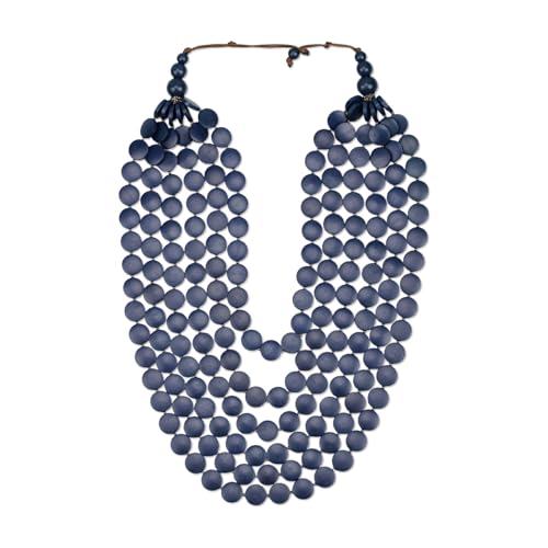 Colorful Wood Bead Necklace Earrings Set for Women Boho Jewelry | Multi Layers Statement Big Vintage Bib Female Chunky African Ethnic Pendant Rainbow Long Tribal Jewelry - color: NXR1453-navy