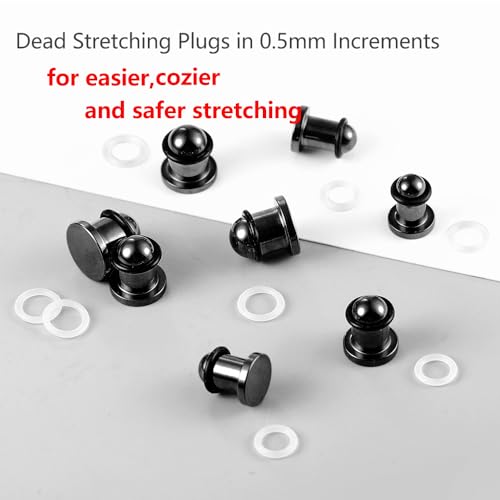 Casvort 22 PCS/16 PCS Hypoallergenic 18G-1'' Comfy Dead Stretching Plugs in 0.5mm Increments Saddle Plugs with Rubber Rings 316 Surgical Stainless Steel Crazy Ear Gauges Body Piercing Jewelry - color: Black 6.5-10mm 16 PCS