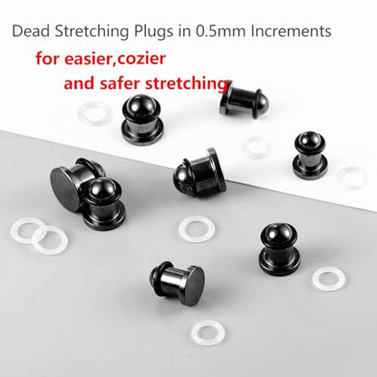 Casvort 22 PCS/16 PCS Hypoallergenic 18G-1'' Comfy Dead Stretching Plugs in 0.5mm Increments Saddle Plugs with Rubber Rings 316 Surgical Stainless Steel Crazy Ear Gauges Body Piercing Jewelry - color: Black 6.5-10mm 16 PCS
