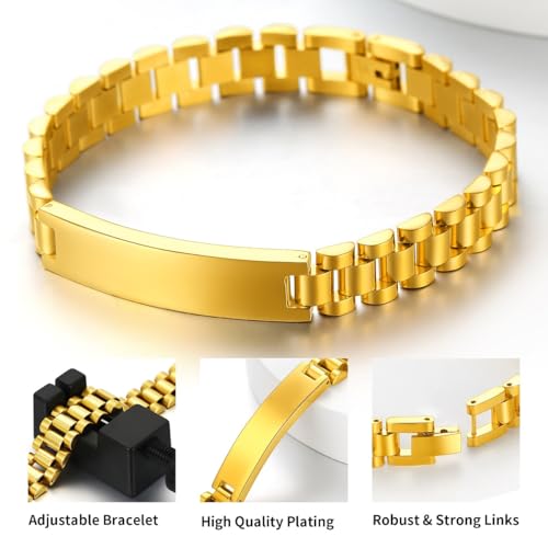 ChainsHouse Men Stainless Steel Bracelet Adjustable Custom ID Engraved Gift | Personalized Silver/Gold/Black for Birthday Father Husband Boyfriend with Gift Box Adjustable Tool 10mm/15mm/15.5mm 8.3"/8.7" - color: J.10mm Width-Gold-No Custom