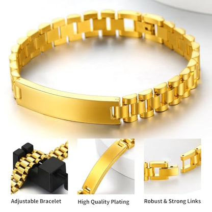 ChainsHouse Men Stainless Steel Bracelet Adjustable Custom ID Engraved Gift | Personalized Silver/Gold/Black for Birthday Father Husband Boyfriend with Gift Box Adjustable Tool 10mm/15mm/15.5mm 8.3"/8.7" - color: J.10mm Width-Gold-No Custom