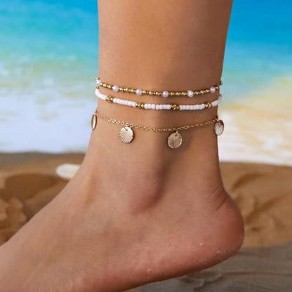 Boho Shell Ankle Bracelet Set for Women Gold Plated Adjustable Anklet Beach Inspired Foot Jewelry with Starfish & Pearl Charms - color: B