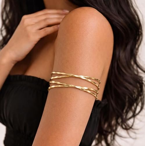 14K Gold Plated Arm Cuff for Women, Waterproof Adjustable Open Upper Arm Bracelet (Armlet), Non Tarnish Hypoallergenic Minimalist Trendy Arm Jewelry for Summer Beach Outfit Gift for Women - style: Style04