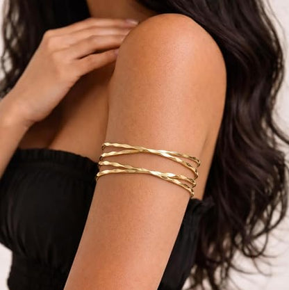 14K Gold Plated Arm Cuff for Women, Waterproof Adjustable Open Upper Arm Bracelet (Armlet), Non Tarnish Hypoallergenic Minimalist Trendy Arm Jewelry for Summer Beach Outfit Gift for Women - style: Style04