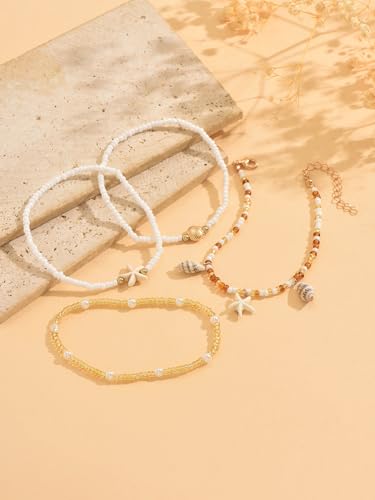 Gold Shell Ankle Bracelets for Women Adjustable Boho Beach Jewelry Set With Starfish Conch Pearl Bead Summer Vacation Foot Accessories Gifts for Travel - color: Gold-B