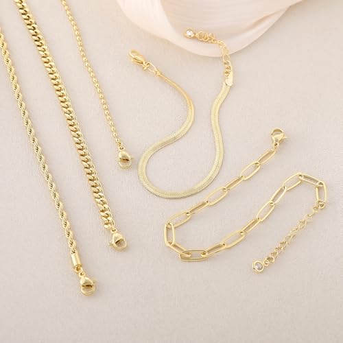 Kyerlyn Gold Bracelets for Women Waterproof, 14K Real Gold Jewelry Sets for Women Trendy Dainty Stackable Cuban Link Paperclip Chain Bracelet Pack Fashion Accessories Gifts - style: G-4