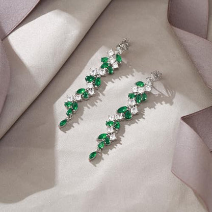 EVER FAITH Gorgeous Wedding Prom Jewelry Round Marquise Cubic Zirconia Teardrop Crystal Chandelier Bridal Dangle Clip on Earrings for Women Brides - color: Green Silver-Tone